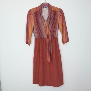 Bobbys Girl Vintage 70s 80s Midi Dress Tie Neck Stripe Print Rust Orange Size 10